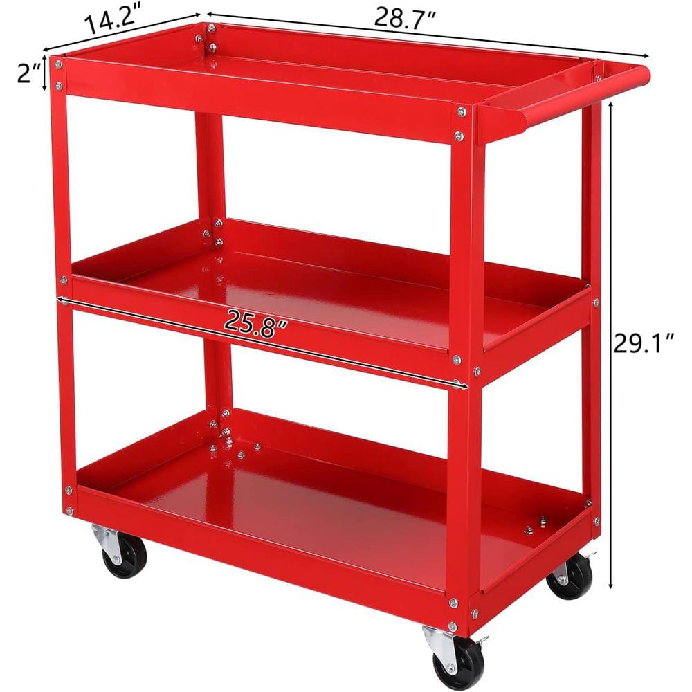 Red Heavy Duty 3-Tier Metal Utility Cart with Wheels