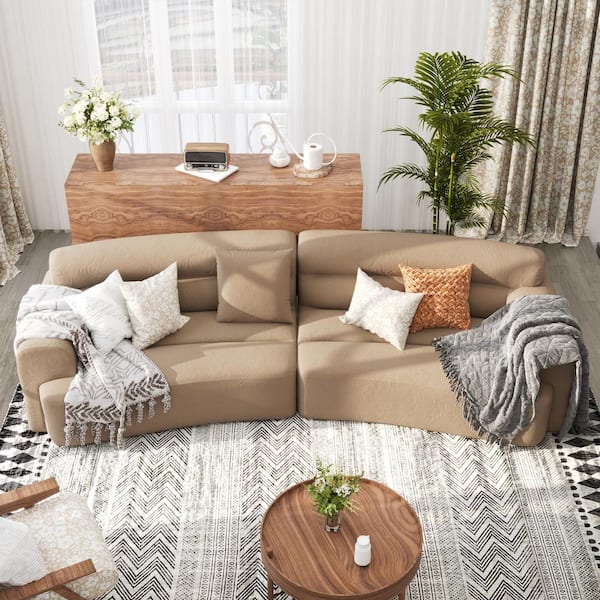 110 in. Round Arm Polyester Flannel Curved Sofa with Rebound Cushions in Camel Brown