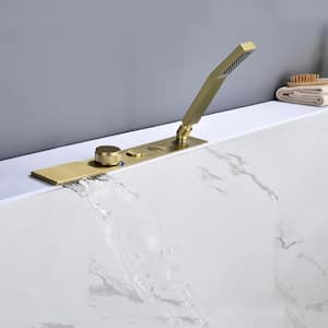 3-Handle Deck-Mount Roman Tub Faucet with Handshower in Brushed Gold