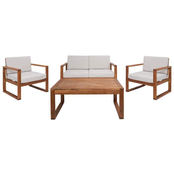 Emiko Natural 4-Piece Wood Patio Conversation Set with Light Gray Cushions