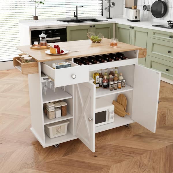 Zeus & Ruta White Wood 44 in. Kitchen Island with Drop-Leaf Countertop and Wine Glass Holder