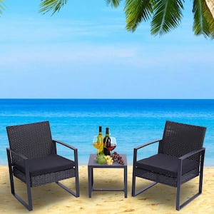 3-Pieces Wicker Patio Furniture Sets Modern Set Rattan Chair Conversation with Coffee Table for Yard and Bistro (Black)