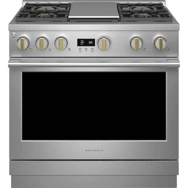 Monogram 36 in. 6.2 cu. ft. Gas Range with Steam-Cleaning Convection Oven in Stainless Steel