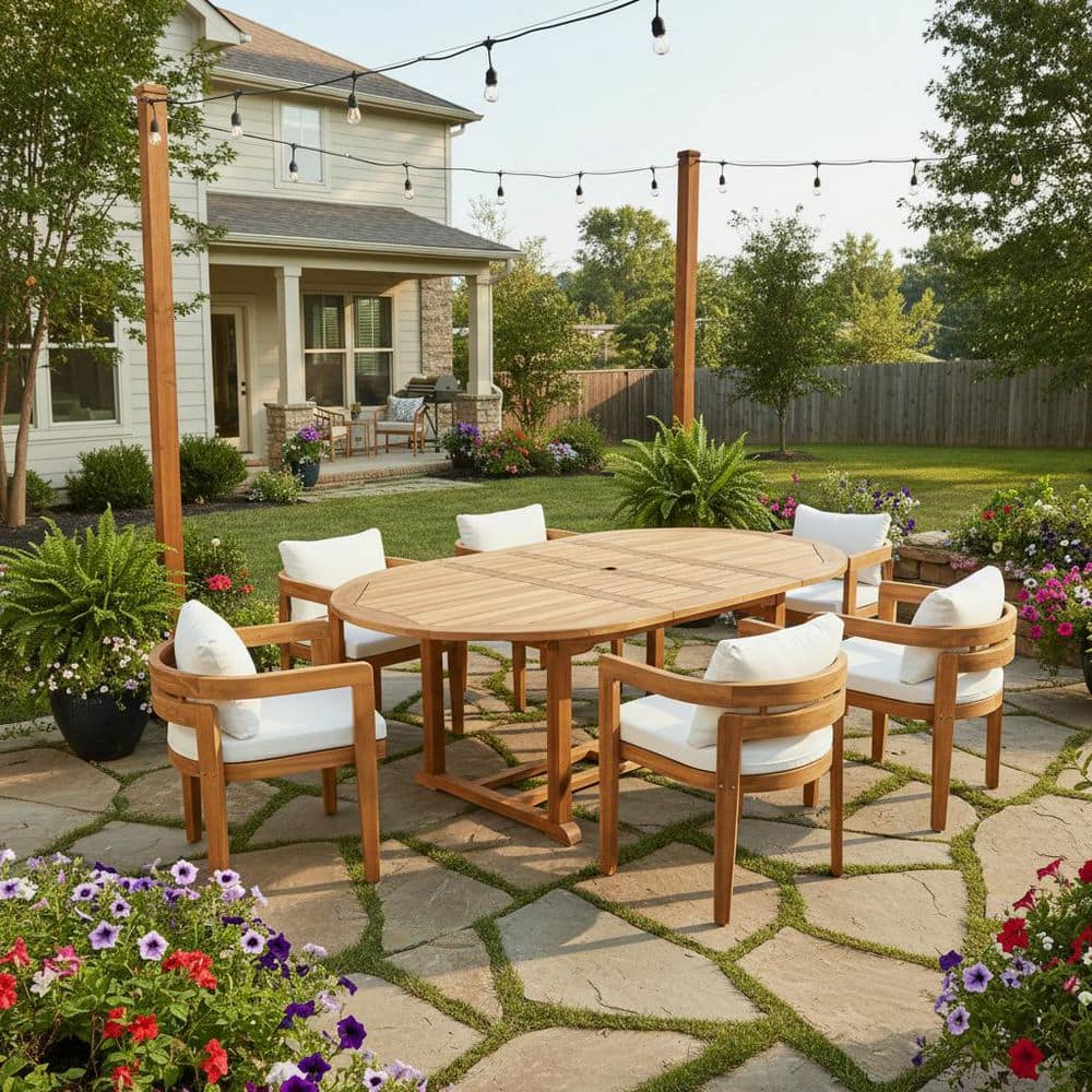 Aviro Teak Finish Acacia Wood Outdoor Patio Dining Chairs with Beige Cushions (Set of 6)