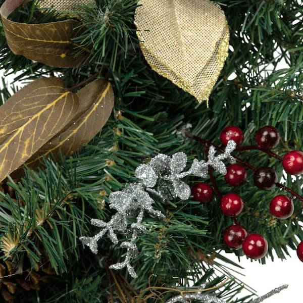28 in. Unlit Autumn Harvest Burlap Poinsettia Moss Ball Mixed Pine and Berries Fall Teardrop Swag