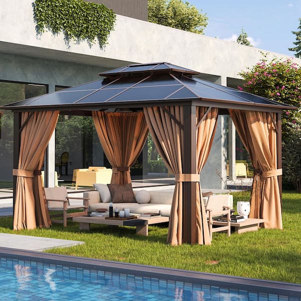 12 ft. x 10 ft. Aluminum Frame Double Polycarbonate Roof Gazebo with Hooks, Curtains, and Netting