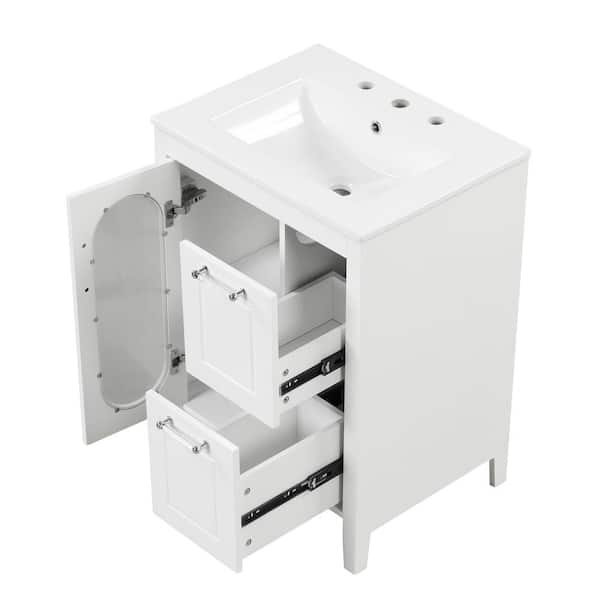 24 in. Bathromm Vanity 24 in. W x 18.3 in. D x 33.2 in. H Single Sink White Bath Vanity with White Ceramic Top