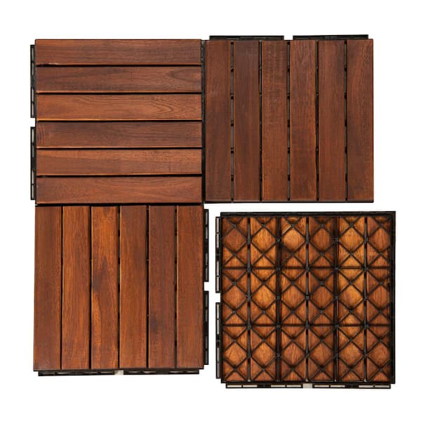 Tenleaf 12 in. Brown Square Acacia Wood Interlocking Flooring Tiles Checker Pattern Pack of 20 Tiles