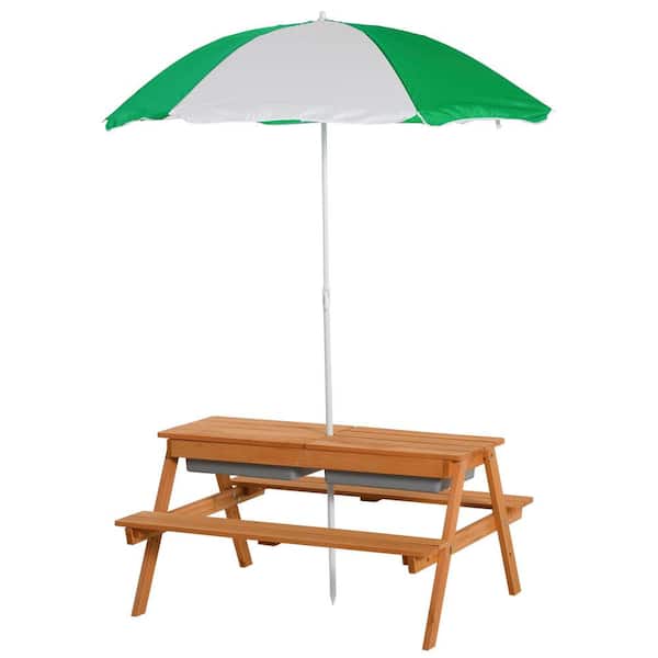 BOPOREA MEGO LLC 33.50 in Kids Wood Picnic Table with Umbrella and Storage - Outdoor Wooden Bench for Fun and Play