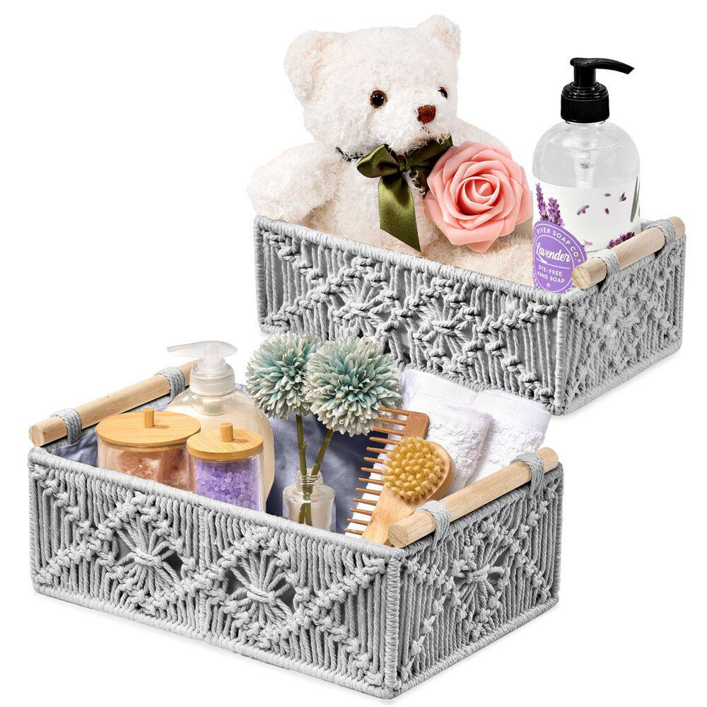 Macrame Boho Decor Baskets, Lined Woven Boxes Set for Bathroom, Gray 12 in. x 4 in. Cardboard Decorative Box Set of 2
