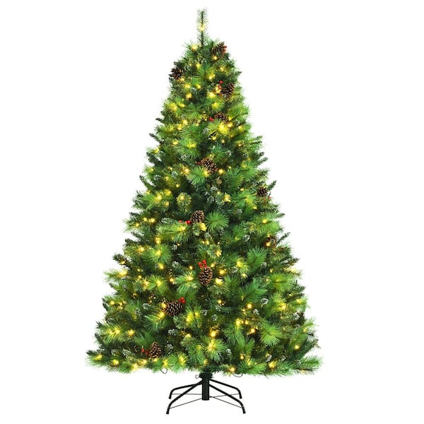 Costway 7 ft. Pre-Lit Hinged Artificial Christmas Tree with Pine Cones and Red Berries