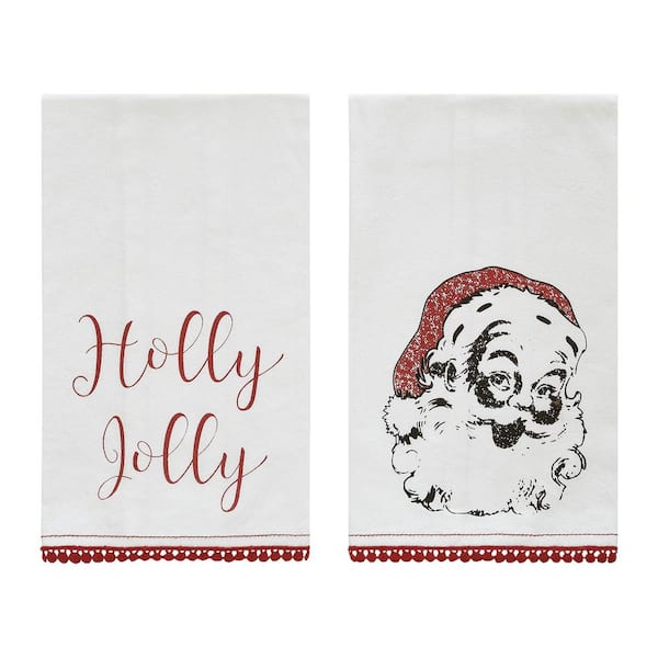 VHC BRANDS Kringle Chenille Red White Seasonal Holly Jolly Cotton Muslin Kitchen Tea Towel Set (Set of 2)