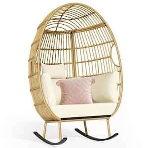Brown Wicker Outdoor Patio Egg Rocking Lounge Chair with Beige Cushion