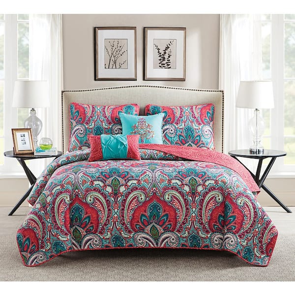 Ciara 5 Piece Multi Damask Microfiber King Quilt Set