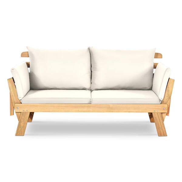 ANGELES HOME Natural Wood Adjustable Convertible Sofa Outdoor Couch with White Cushions