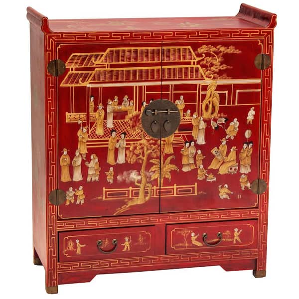 Oriental Furniture Red Lacquer Courtyard Altar Accent Cabinet