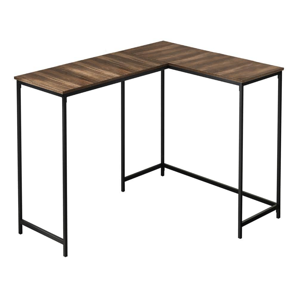 L-Shape Computer Desk, Brown Reclaimed Wood, Black Metal Base, Corner