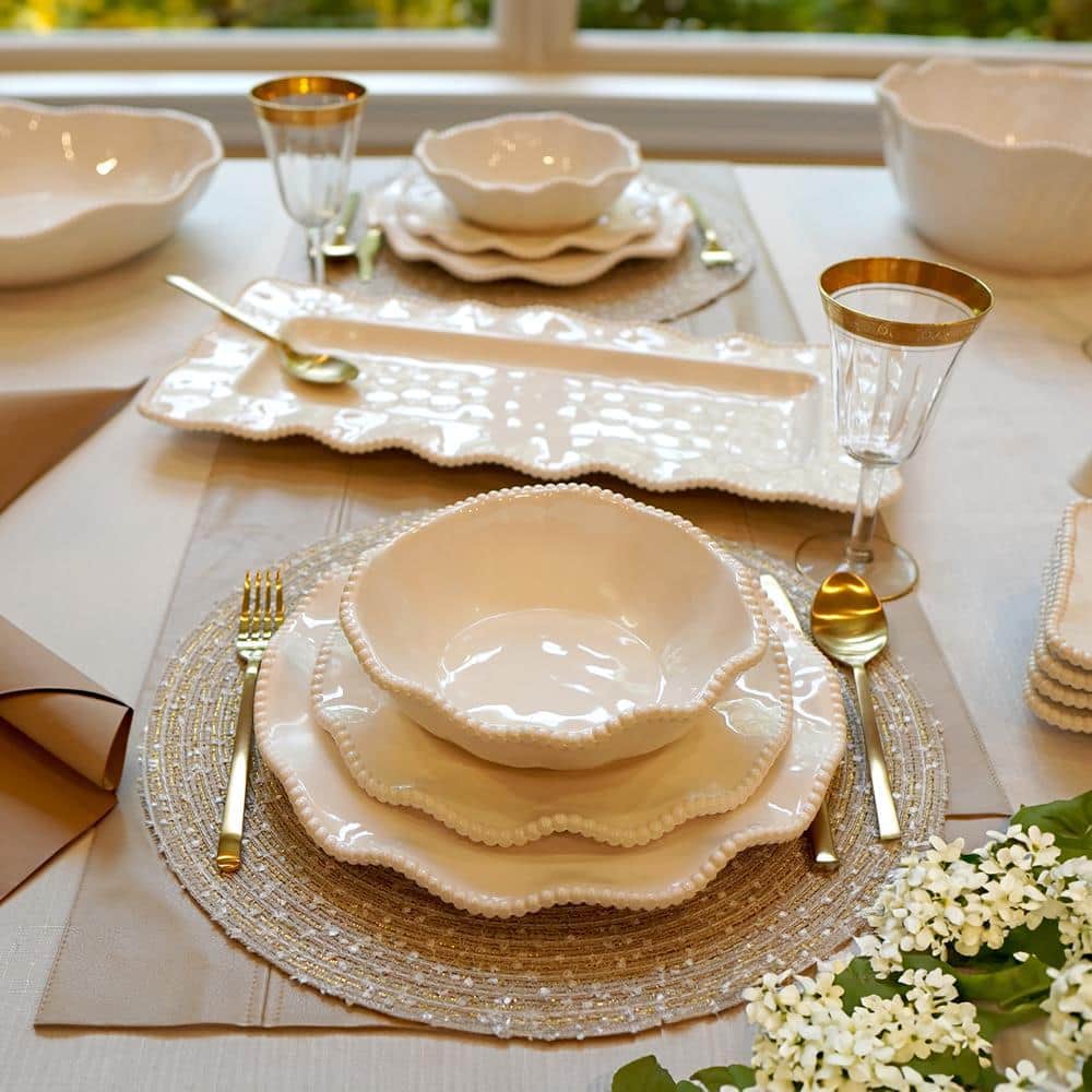 White Melamine 12-Piece Dinnerware Set with Beaded Ruffled Rims