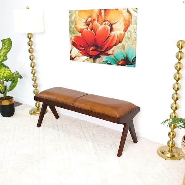 Barnabas Mid-Century Modern 47.2 in. Brown Genuine Leather Upholstered Bench