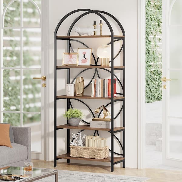 BYBLIGHT Eulas 75 in. Tall Brown Engineered Wood 5-Shelf Standard Bookshelf, Arched Bookcase Storage Organizer, Display Rack