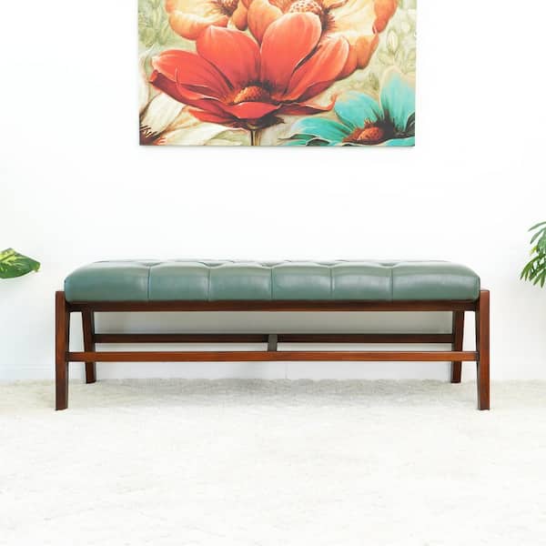 Ashcroft Furniture Co Harold Green Leather Teak Wood 49 in. Entryway Bedroom Bench Without Back