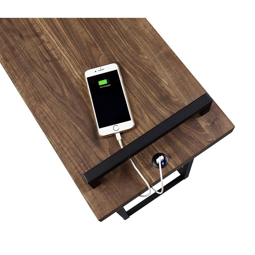 Maxwell Brown Wood and Metal C-Shaped Accent Table with USB Port