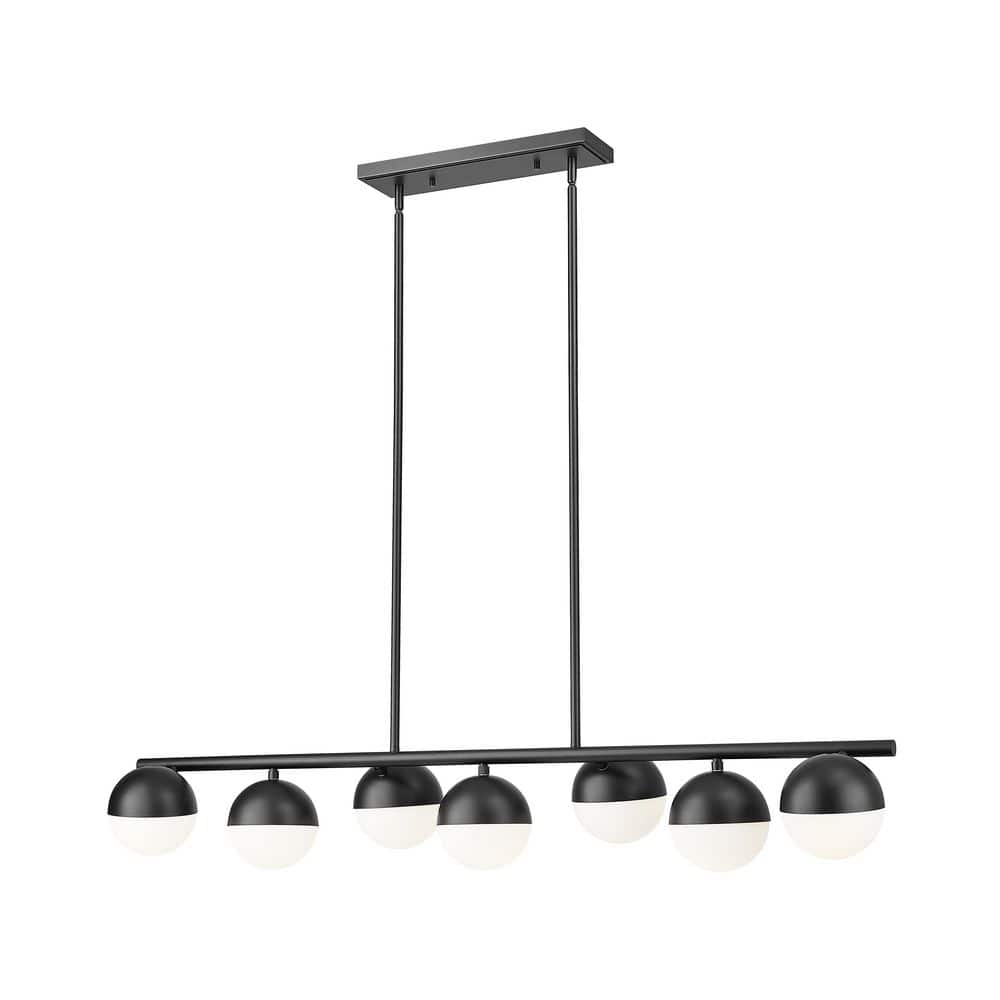 Realm Sphere 7 Light Matte Black Linear Chandelier with Matte Opal Glass Sh