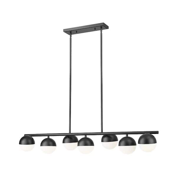 Unbranded Realm Sphere 7 Light Matte Black Linear Chandelier with Matte Opal Glass Shades for Indoor Use with No Bulbs Included