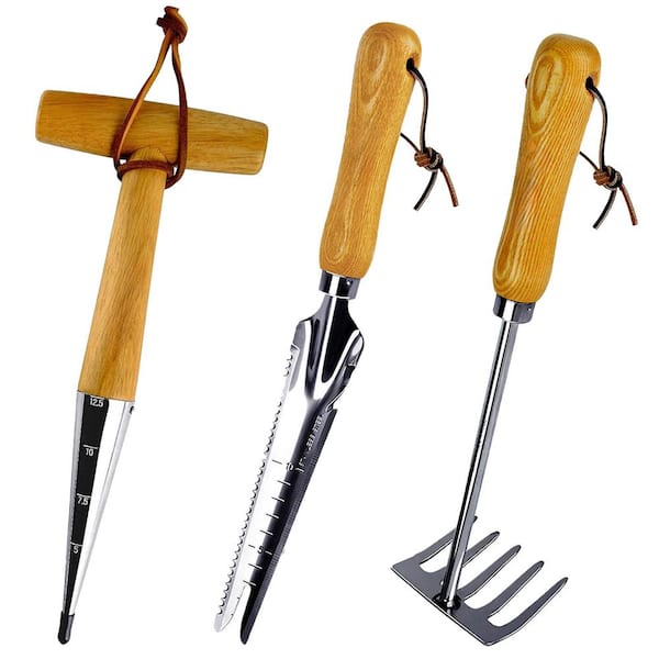 Misopily 3-Piece Garden Tool Set Ash Wood Handle Thickened Stainless Steel Includes Trowel Transplanter Cultivator Gift