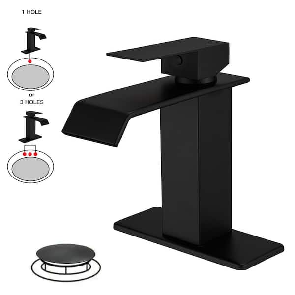 Single Handle Single Hole Bathroom Faucet with Deckplate Included and Drain Kit Included in Matte Black