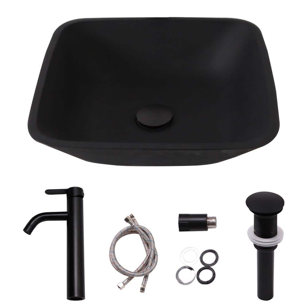 16" Square Matte Black Tempered Glass Vessel Sink
