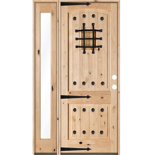 Krosswood Doors 50 in. x 96 in. Mediterranean Knotty Alder Arch Unfinished Left-Hand Inswing Prehung Front Door with Left Full Sidelite