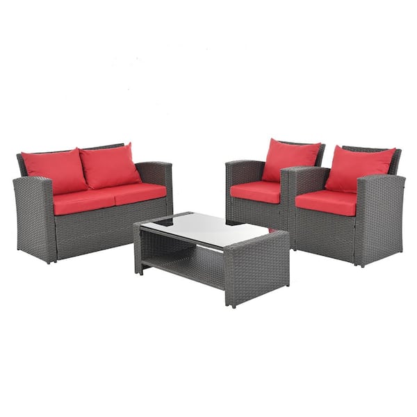 URTR 4-Piece PE Wicker Rattan Patio Conversation Set Outdoor Furniture Sofa Set with Table, Loveseat, Armchair, Red Cushion