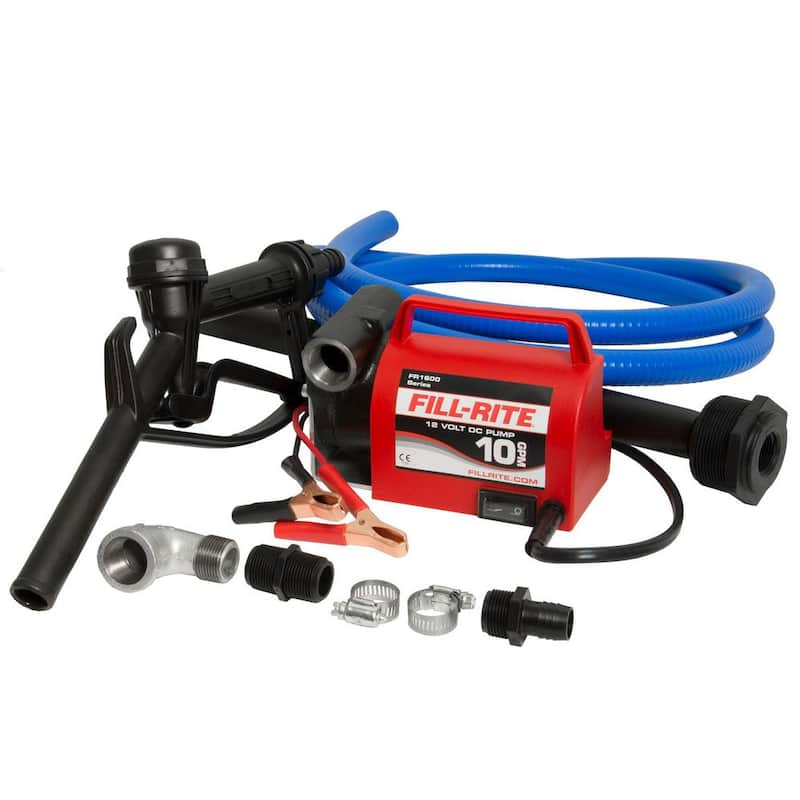 12-Volt 1/5 HP 10 GPM Portable Fuel Transfer Utility Pump with 8 ft. Discharge Hose Manual Nozzle and Suction Pipe