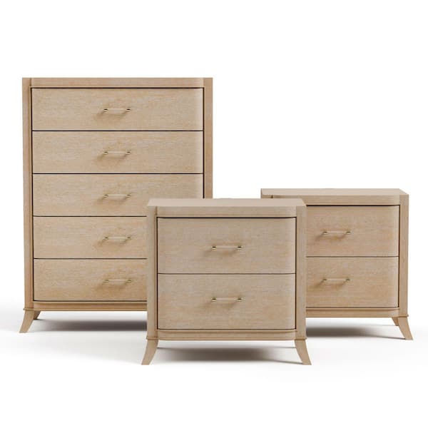 Ellington 3-Piece Natural Oak 2 Drawer 30 in. W Set of 2 Nightstands and Chest with Soft Curved Edges