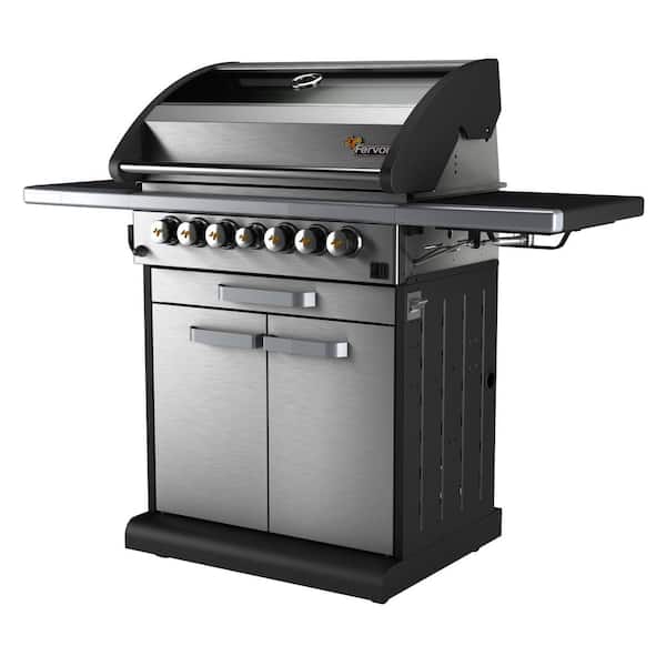 Fervor 4-Burner Propane Gas Grill in Stainless Steel with Cabinet Trolley and Wok Burner