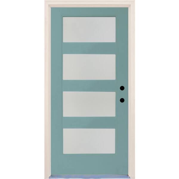 Builders Choice 36 in.x80 in. Elite Surf Etch Glass Contemporary LeftHand 4Lite Satin Painted Fiberglass Prehung FrontDoor w/ Brickmould