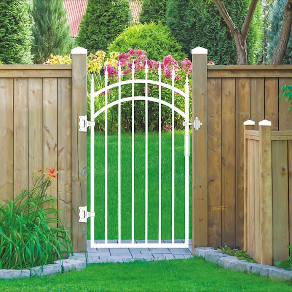 NUVO IRON Glossy White Arched Tiger Eye Steel Gate (33 in. W x 56