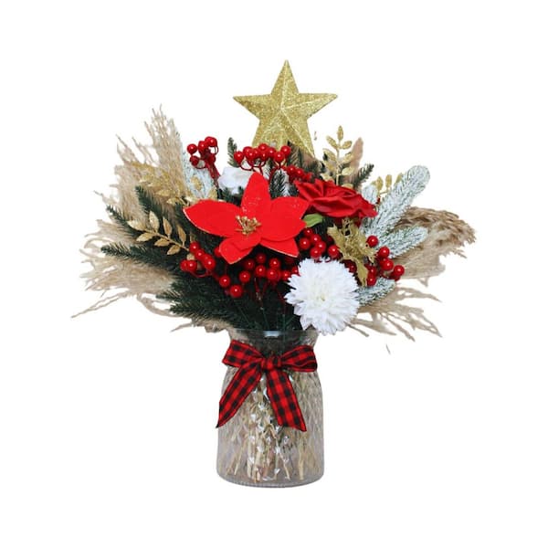 20 in. Unlit Christmas Centerpiece Christmas Floral Arrangements in Vase Artificial Poinsettia Red Berry Pine Branches