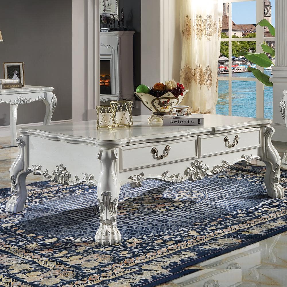 Dresden 57" Bone White Wood Coffee Table with Storage Drawers