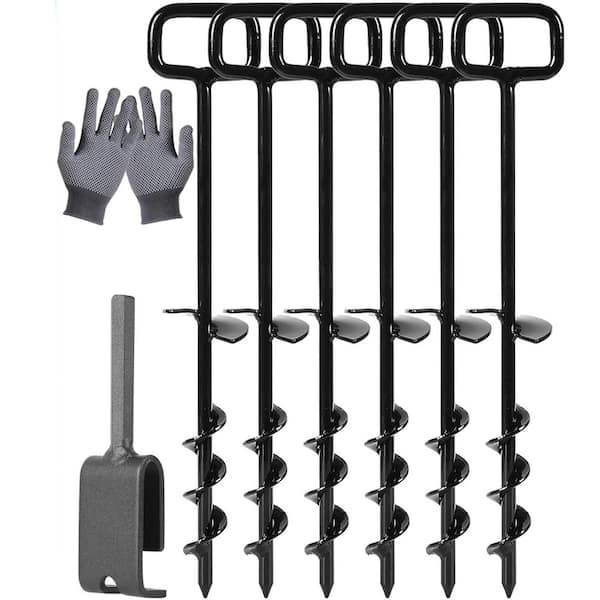 6PCS 16In Tent Stakes with Heavy Duty Adapter, Screw Ground Anchors, Tree Straightening Kit, Mobile Home Anchors (Black)