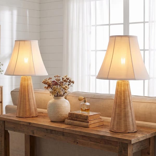 IHOMEadore 21 in. 1-Light Natural Wood Drum Table Lamp for Living Room and Bedroom with Fabric Shade (2-Pack) MD-T3003