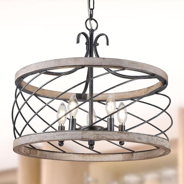 Bryant Rustic 5-Light Weathered Wood Farmhouse Drum Chandelier, Adjustable Height Caged Chandelier for Dining Room