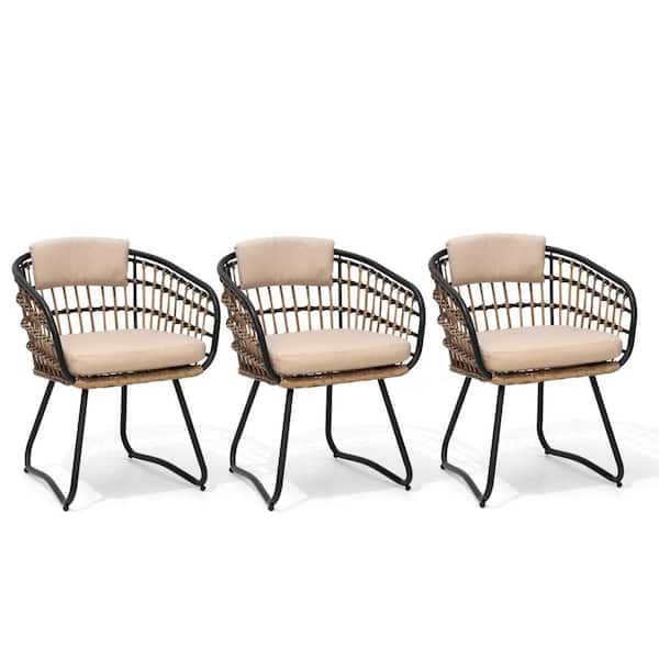 Outdoor Patio Wicker Dining Chairs PE Rattan Seating Set with Cushion in Beige (Set of 3)