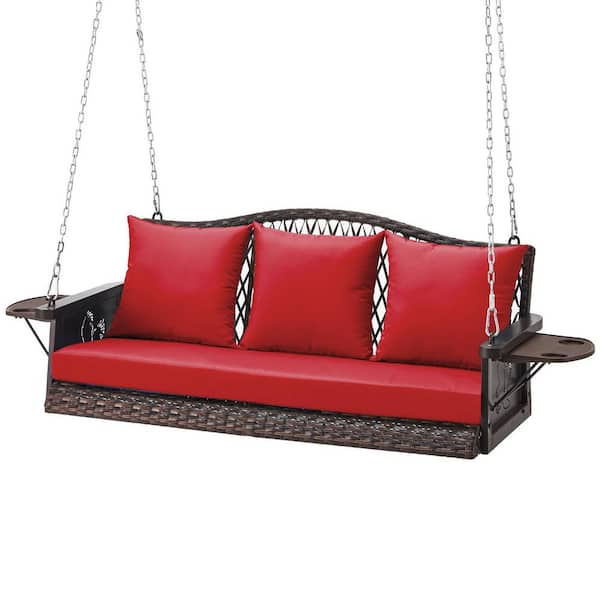 3-Person Brown Wicker Porch Swing Chair Bench for Adult with 8.9 ft. Hanging Chains and Red Cushions and Cup Holder