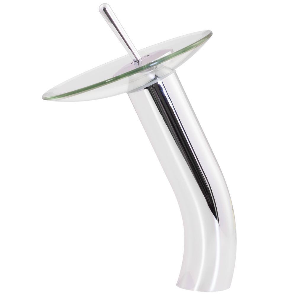 Polished Chrome Single Handle Waterfall Vessel Faucet with Clear Glass Disc