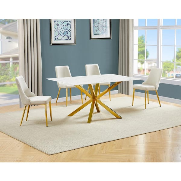Best Quality Furniture White Marble Wrap Glass Dining Set with Velvet Chairs