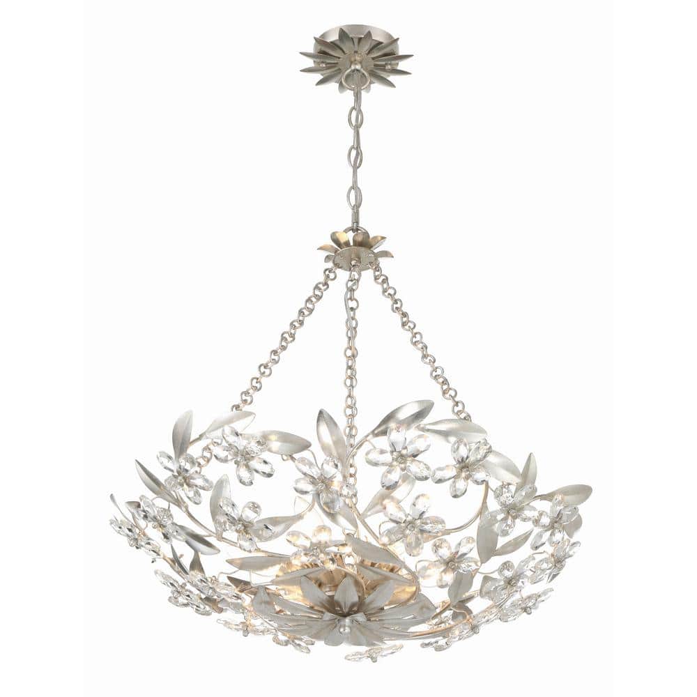 Antique Silver Crystal 6-Light Floral Chandelier