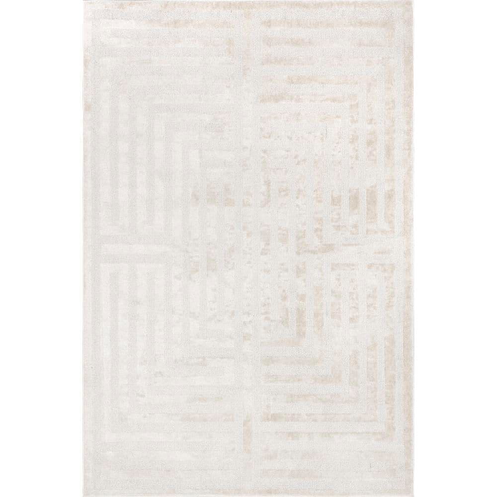 Ivory Geometric Washable Synthetic 4' x 6' Area Rug