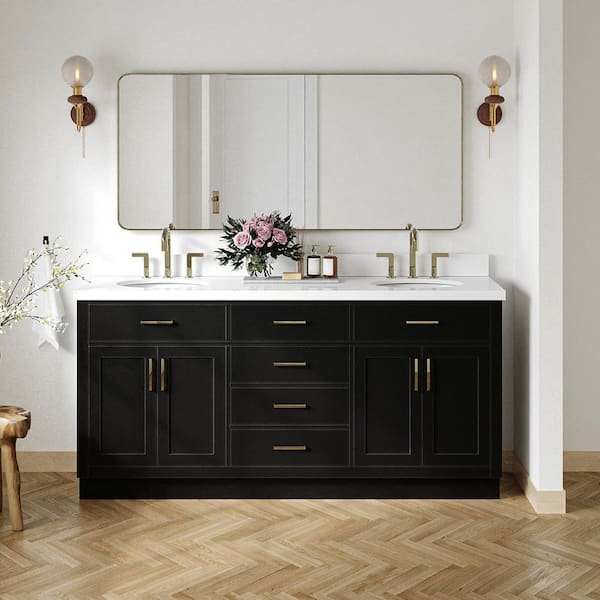 ARIEL Hepburn 72 in. Double Sink Freestanding Bathroom Vanity in Black with Pure White Quartz Top